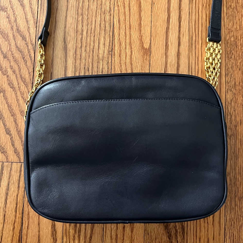 Architect Brand Dark Blue Leather Shoulder Bag with Gold-Tone Accents